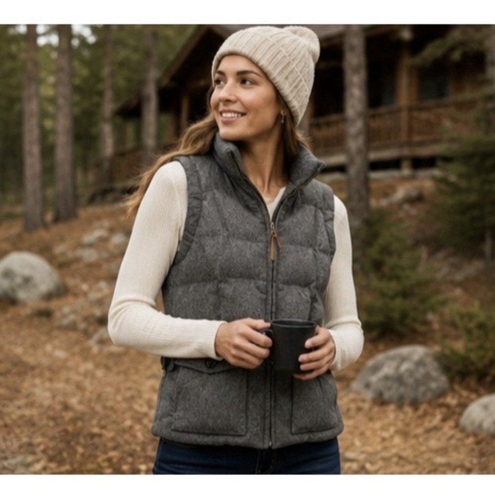 Eddie Bauer Down Vest Womens Large Gray Wool Tweed EB 550 Yukon Quilted Puffer